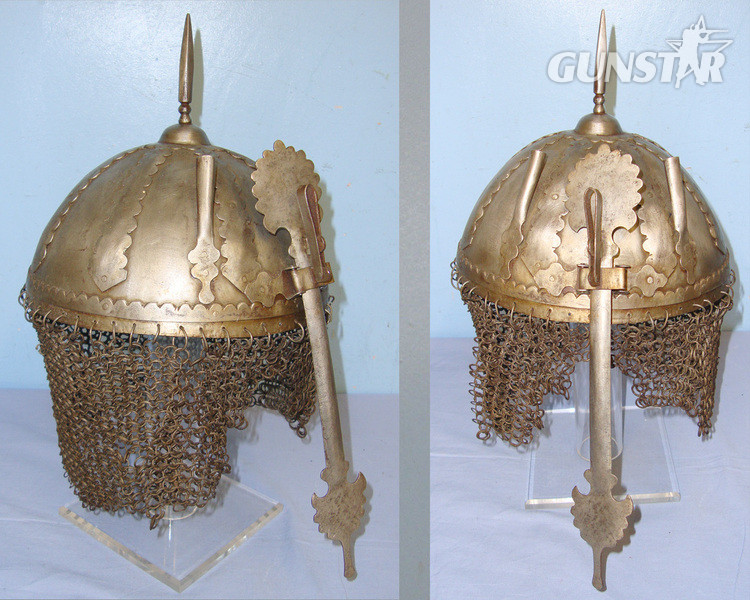 18th / 19th Century Persian Kulah Khud Spiked Iron Helmet With Hinged, Removable Nose / Face Guard & Chain Mail Protective Skirt  Clothing in 