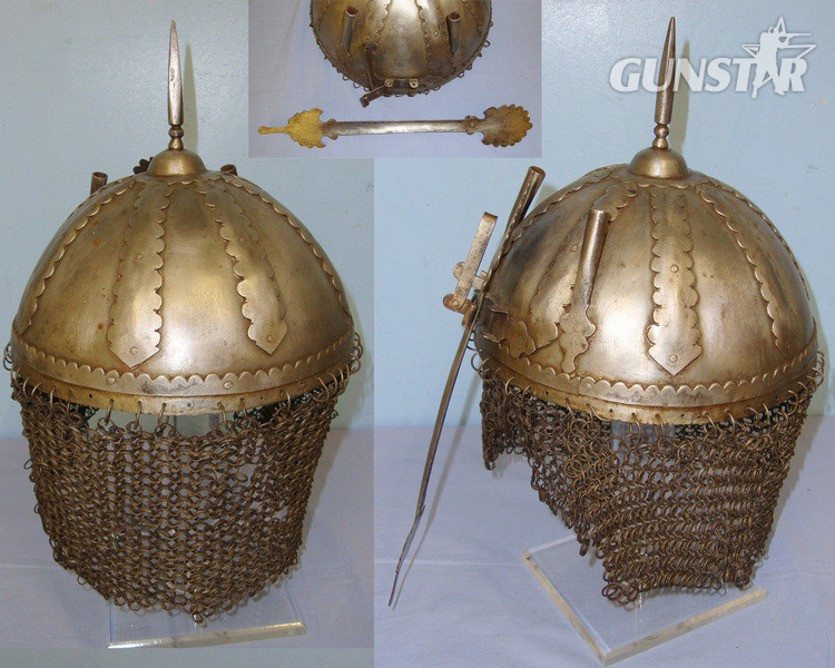  18th / 19th Century Persian Kulah Khud Spiked Iron Helmet With Hinged, Removable Nose / Face Guard & Chain Mail Protective Skirt  Clothing
