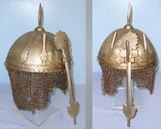 18th / 19th Century Persian Kulah Khud Spiked Iron Helmet With Hinged, Removable Nose / Face Guard & Chain Mail Protective Skirt  Clothing