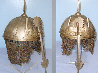 18th / 19th Century Persian Kulah Khud Spiked Iron Helmet With Hinged, Removable Nose / Face Guard & Chain Mail Protective Skirt  Clothing