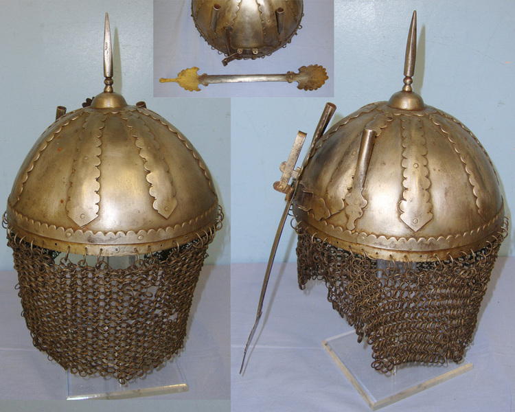  18th / 19th Century Persian Kulah Khud Spiked Iron Helmet With Hinged, Removable Nose / Face Guard & Chain Mail Protective Skirt  Clothing