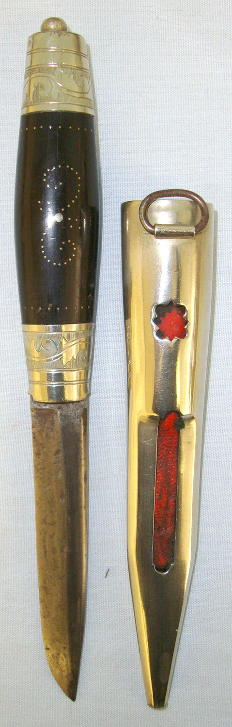  BEST QUALITY**Victorian Era Silver Mounted Finnish Puukko Hunting / Fishing Knife With Silver Mounted Open Top Red Leather Scabbard. ED 2182 Hunting Knive