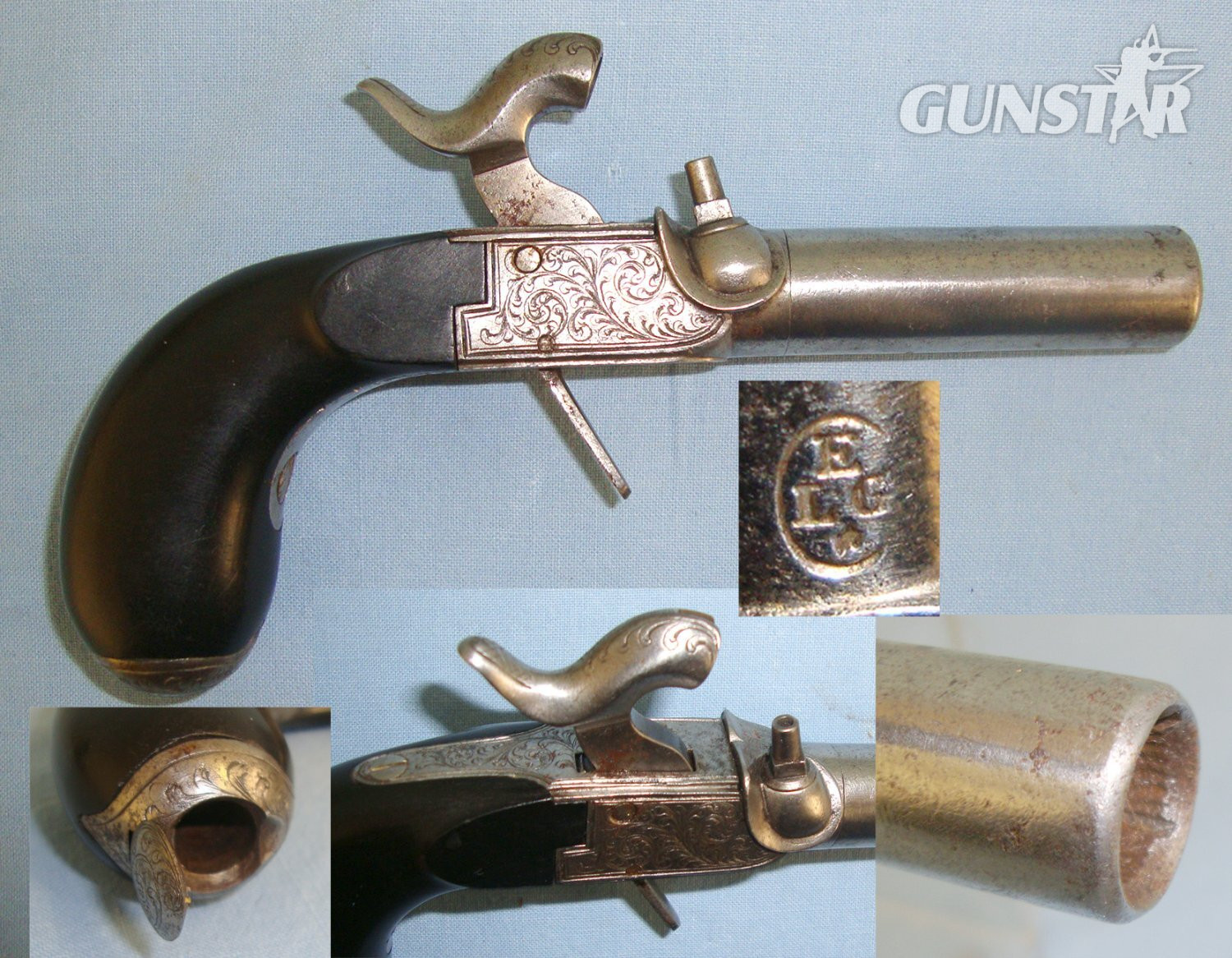 C1830 Liege Belgium 54 Bore Percussion Pocket Pistol  With Screw Off Rifled Barrel, Folding Concealed Trigger & Hinged Patch Box. Sn 21393:60 .54 Cal Muzzleloader Muzzleloader in 