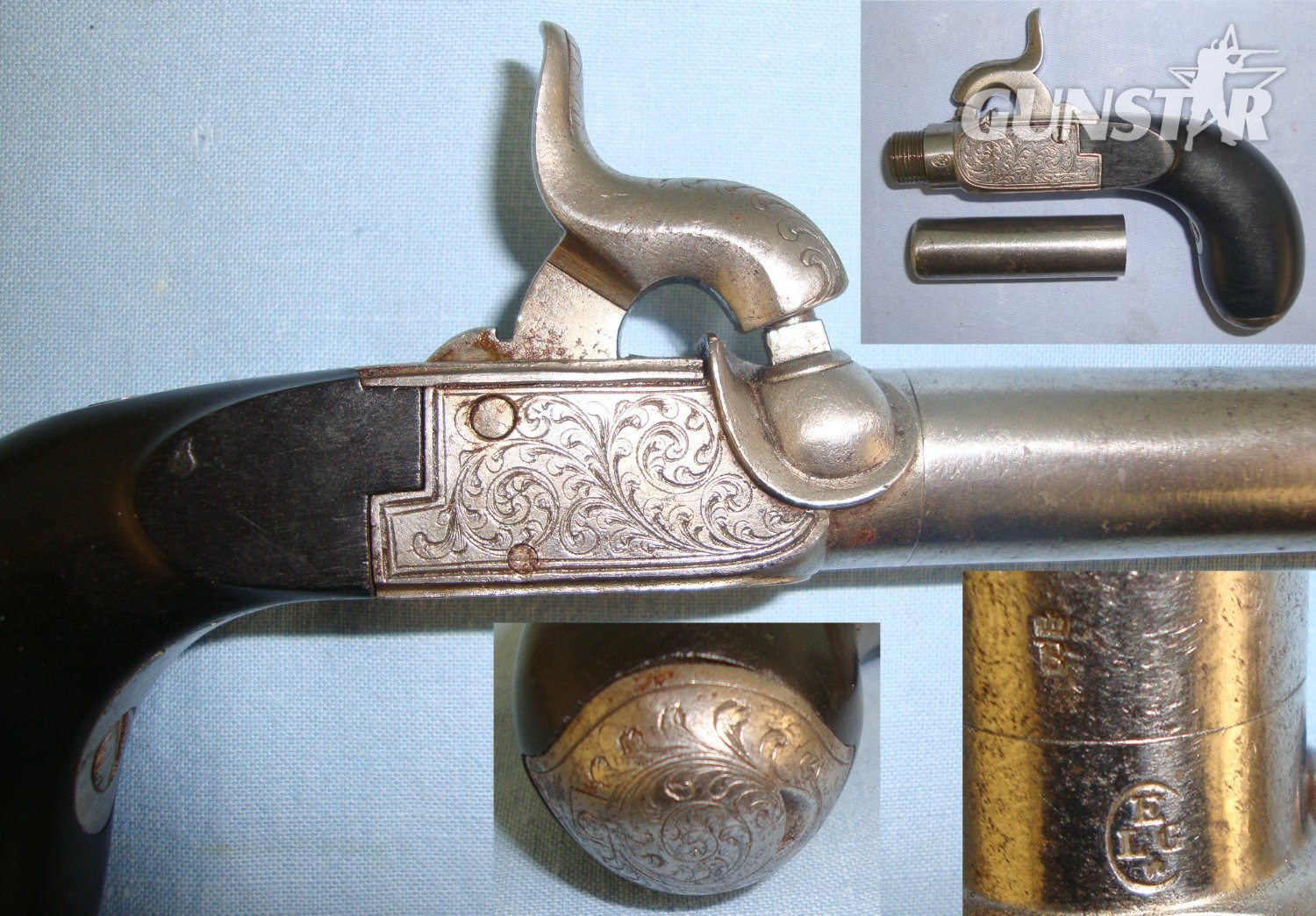 C1830 Liege Belgium 54 Bore Percussion Pocket Pistol  With Screw Off Rifled Barrel, Folding Concealed Trigger & Hinged Patch Box. Sn 21393:60 .54 Cal Muzzleloader Muzzleloader