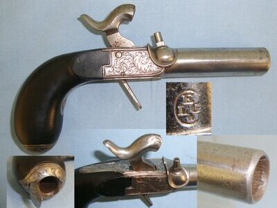 C1830 Liege Belgium 54 Bore Percussion Pocket Pistol With Screw Off Rifled Barrel, Folding Concealed Trigger & Hinged Patch Box. Sn 21393:60 .54 Cal Muzzleloader Muzzleloader