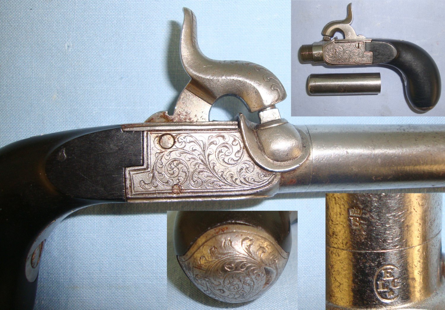 C1830 Liege Belgium 54 Bore Percussion Pocket Pistol  With Screw Off Rifled Barrel, Folding Concealed Trigger & Hinged Patch Box. Sn 21393:60 .54 Cal Muzzleloader Muzzleloader