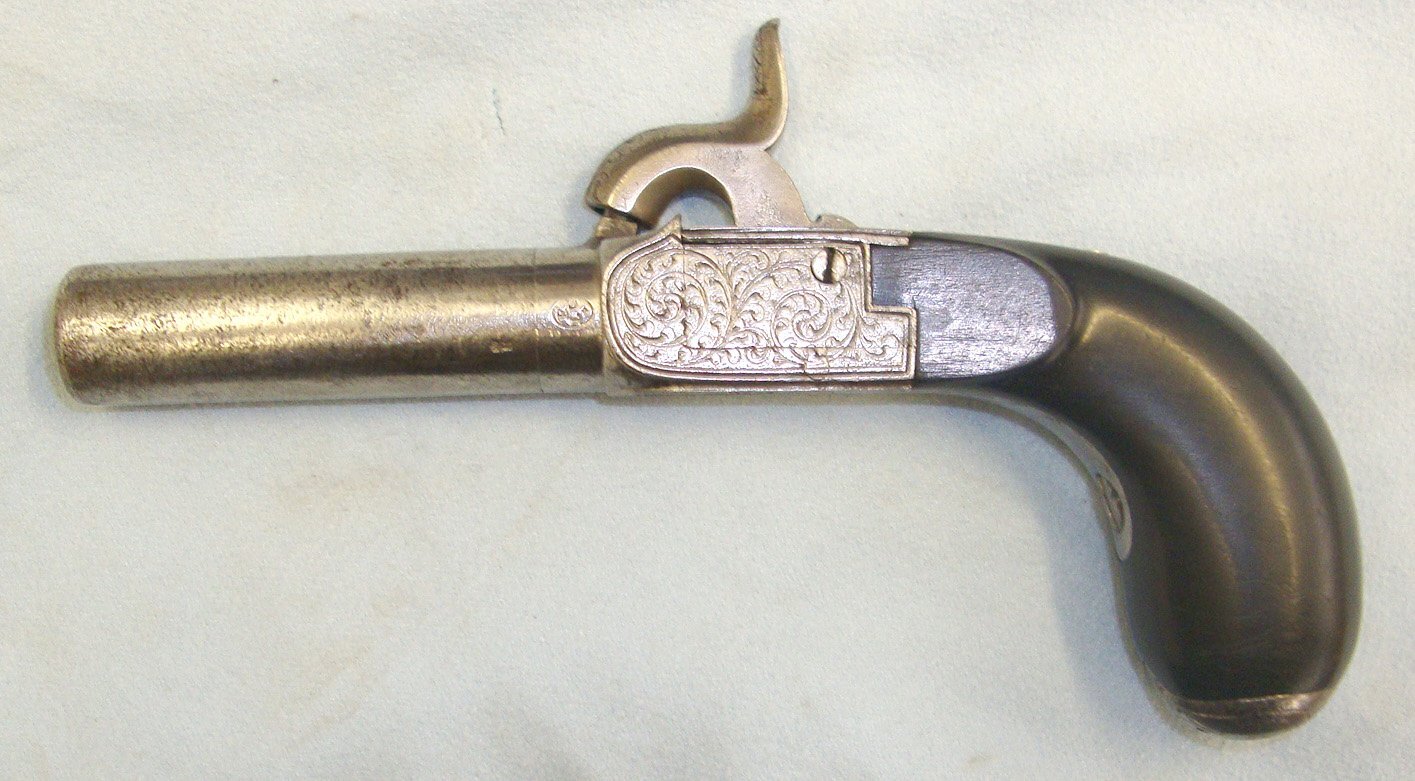  C1830 Liege Belgium 54 Bore Percussion Pocket Pistol  With Screw Off Rifled Barrel, Folding Concealed Trigger & Hinged Patch Box. Sn 21393:60 .54 Cal Muzzleloader Muzzleloader