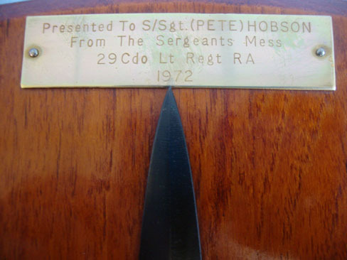 Presentation 3rd Pattern F.S. Commando Dagger With Inscribed Plaque To Staff Sgt Pete Hobson 29 Cdo Lt. Regt. RA 1972 and Two Plaques and a N.I. Presentation Tankard. Sn 11412 Presentation 3rd Pattern F.S. Commando Dagger With Inscribed Plaque To Staff Sgt Pete Hobson 29 Cdo Lt. Regt. RA 1972 and Two Plaques and a N.I. Presentation Tankard. Sn 11412 Antique & Militaria