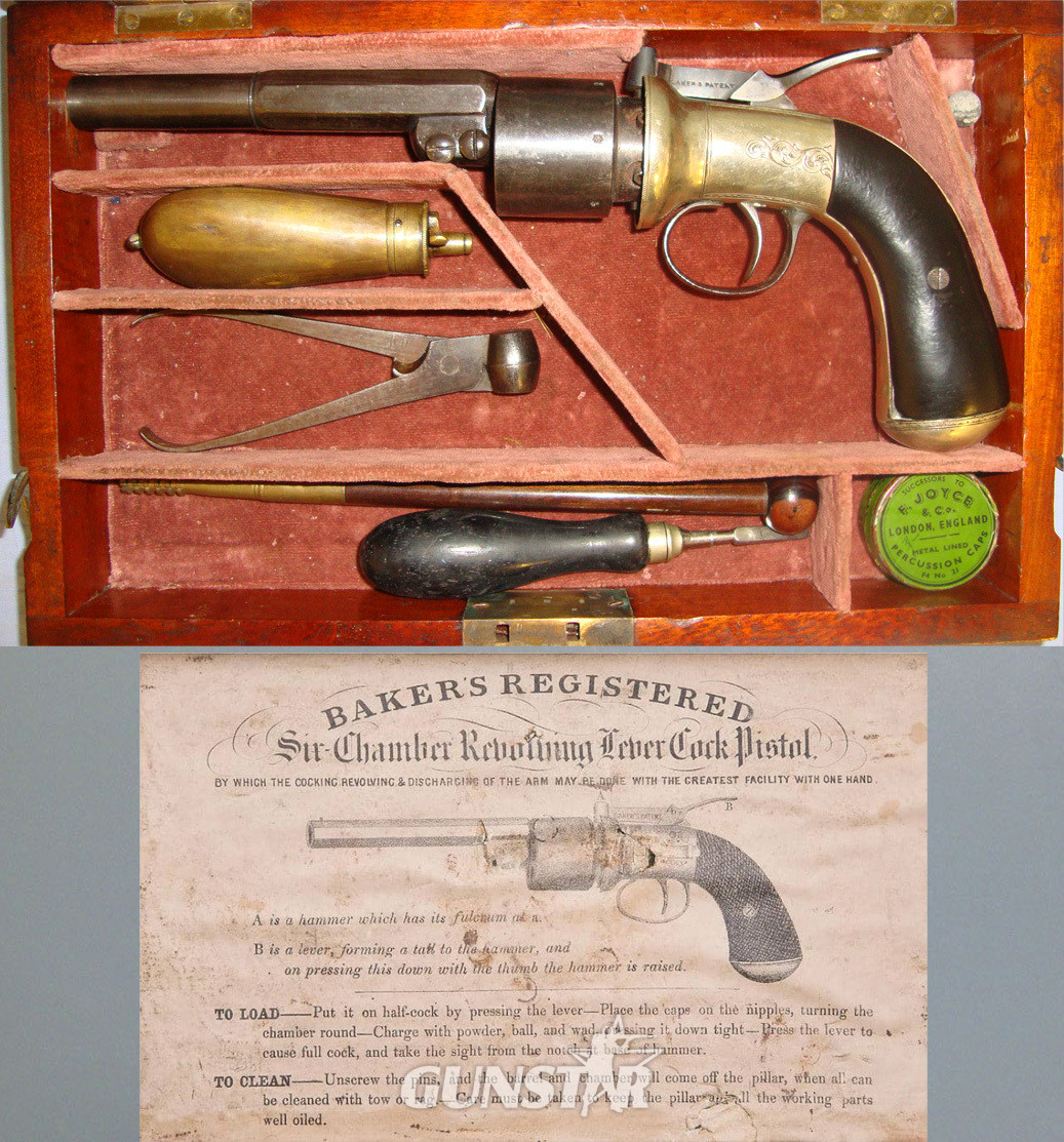 SCARCE**TRANSITIONAL**MINT BORE**Cased, Victorian English, Thomas Kerslake Baker’s 1852 Patent, German Silver Frame, 54 Bore Six Chamber Cap & Ball  Revolving Lever Cock Percussion Pistol With Accessories. Sn 21144 .54 Cal Muzzleloader Revolver in 