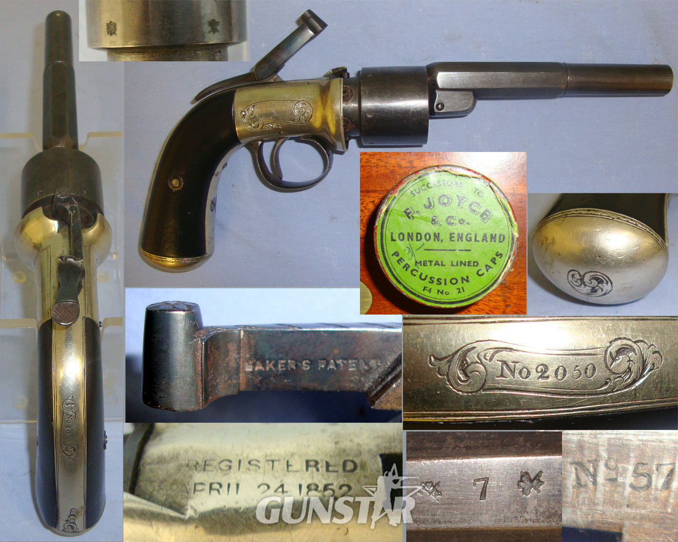 SCARCE**TRANSITIONAL**MINT BORE**Cased, Victorian English, Thomas Kerslake Baker’s 1852 Patent, German Silver Frame, 54 Bore Six Chamber Cap & Ball  Revolving Lever Cock Percussion Pistol With Accessories. Sn 21144 .54 Cal Muzzleloader Revolver