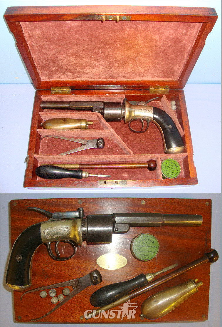 SCARCE**TRANSITIONAL**MINT BORE**Cased, Victorian English, Thomas Kerslake Baker’s 1852 Patent, German Silver Frame, 54 Bore Six Chamber Cap & Ball  Revolving Lever Cock Percussion Pistol With Accessories. Sn 21144 .54 Cal Muzzleloader Revolver
