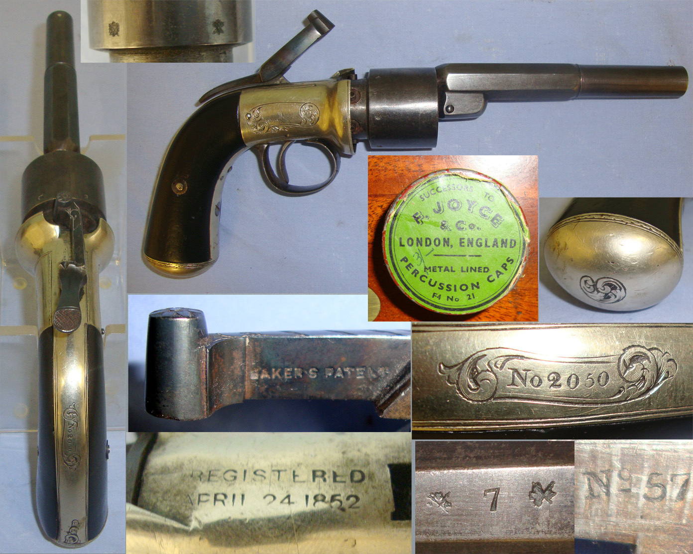 SCARCE**TRANSITIONAL**MINT BORE**Cased, Victorian English, Thomas Kerslake Baker’s 1852 Patent, German Silver Frame, 54 Bore Six Chamber Cap & Ball  Revolving Lever Cock Percussion Pistol With Accessories. Sn 21144 .54 Cal Muzzleloader Revolver