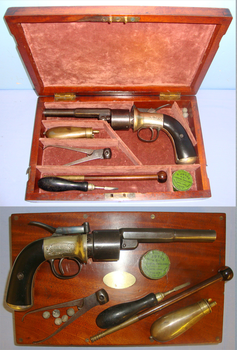  SCARCE**TRANSITIONAL**MINT BORE**Cased, Victorian English, Thomas Kerslake Baker’s 1852 Patent, German Silver Frame, 54 Bore Six Chamber Cap & Ball  Revolving Lever Cock Percussion Pistol With Accessories. Sn 21144 .54 Cal Muzzleloader Revolver