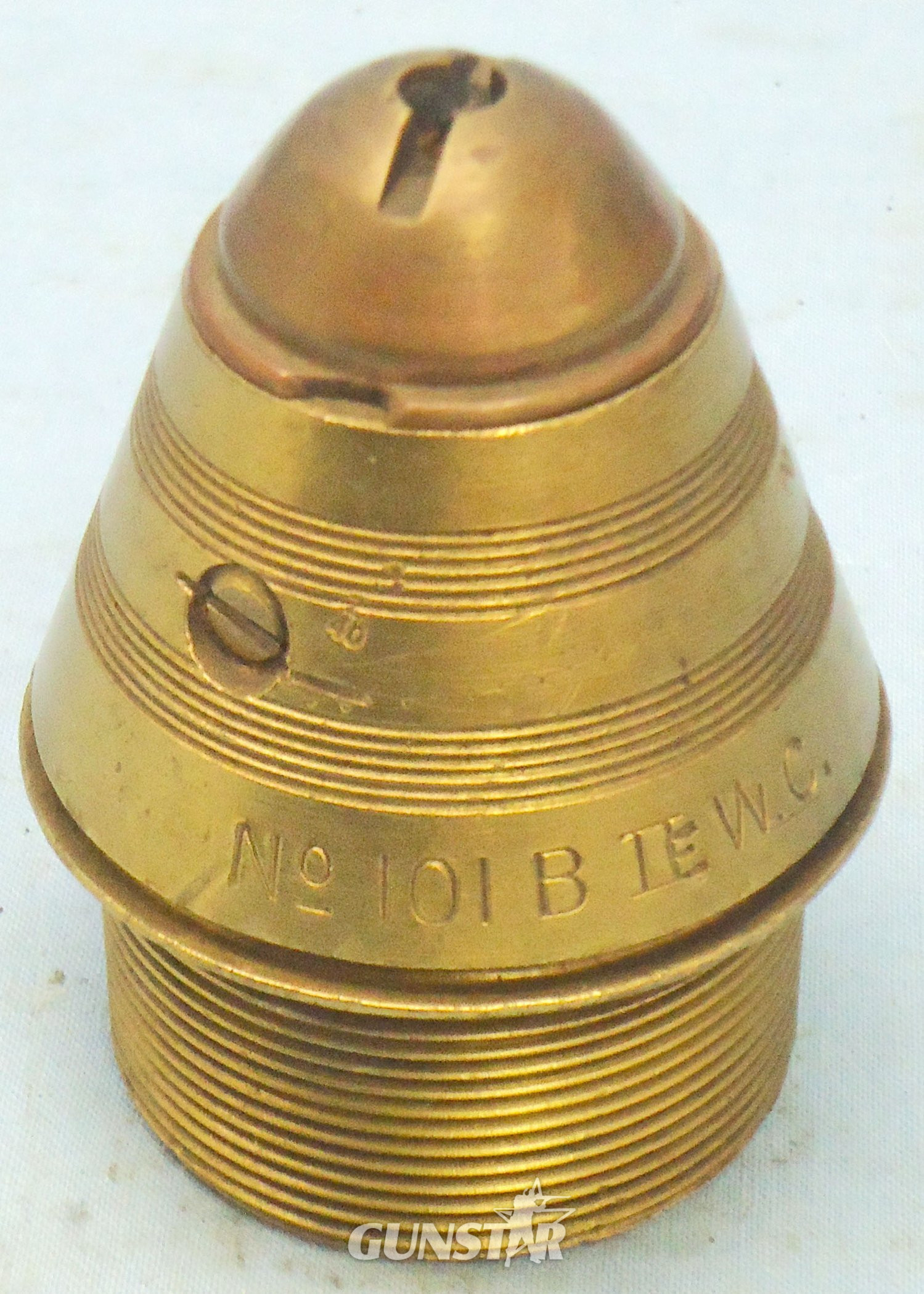 {CATEGORY} - INERT DEACTIVATED. British WW1, 1917 Dated British No 101B Percussion Nose Fuze For High Explosive Heavy Howitzer H.E. (High Explosive) Rounds. - O 2187 INERT DEACTIVATED. British WW1, 1917 Dated British No 101B Percussion Nose Fuze For High Explosive Heavy Howitzer H.E. (High Explosive) Rounds. - O 2187  Other Ammunition in 