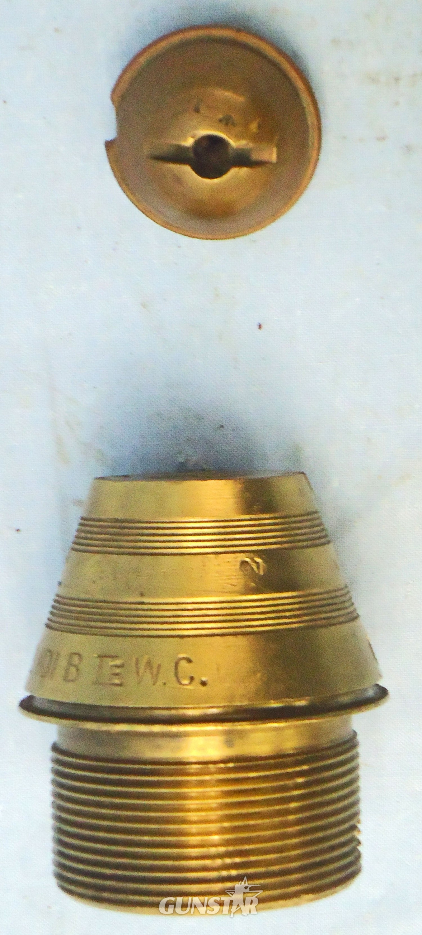 {CATEGORY} - INERT DEACTIVATED. British WW1, 1917 Dated British No 101B Percussion Nose Fuze For High Explosive Heavy Howitzer H.E. (High Explosive) Rounds. - O 2187 INERT DEACTIVATED. British WW1, 1917 Dated British No 101B Percussion Nose Fuze For High Explosive Heavy Howitzer H.E. (High Explosive) Rounds. - O 2187  Other Ammunition