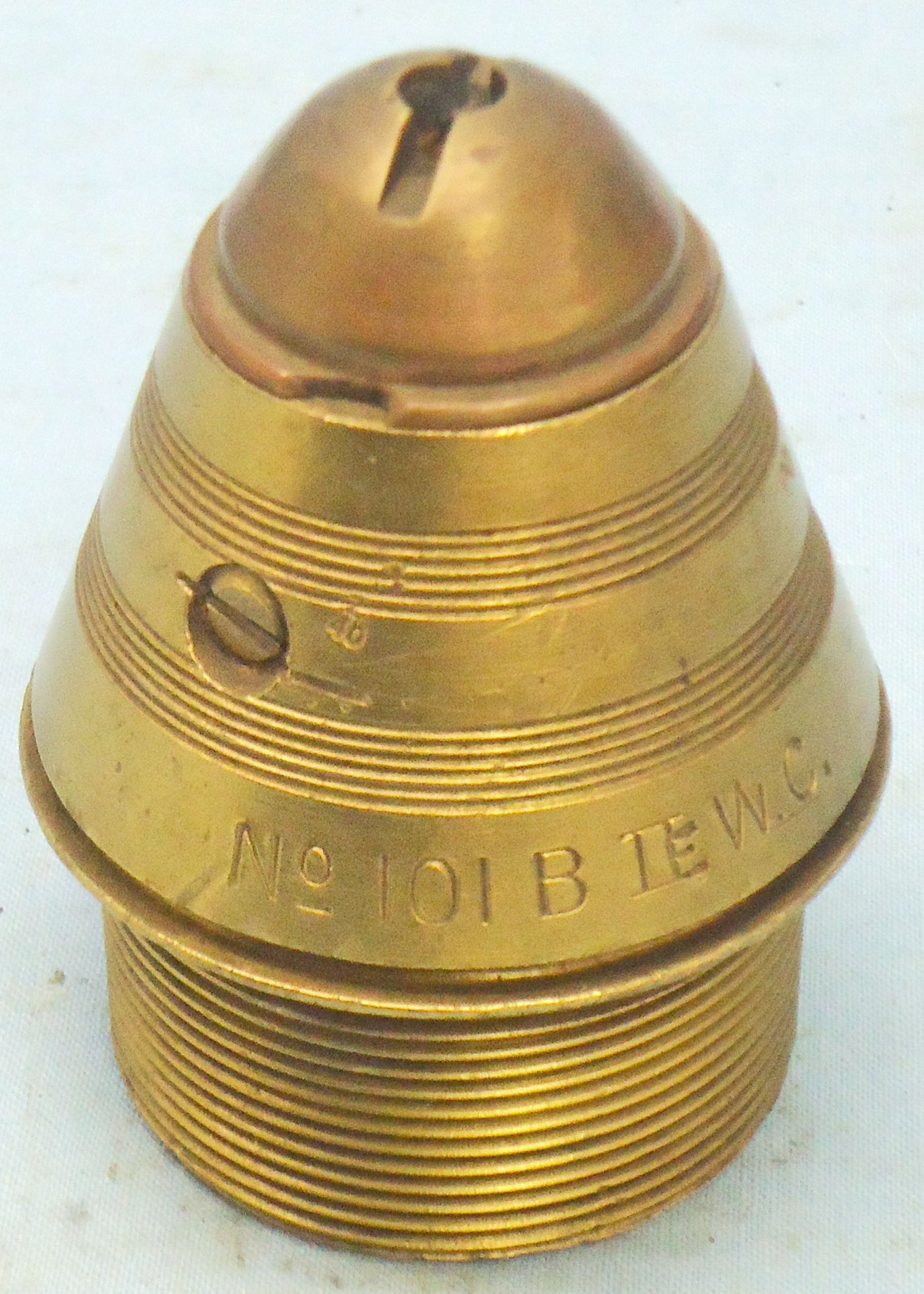 {CATEGORY} - INERT DEACTIVATED. British WW1, 1917 Dated British No 101B Percussion Nose Fuze For High Explosive Heavy Howitzer H.E. (High Explosive) Rounds. - O 2187 INERT DEACTIVATED. British WW1, 1917 Dated British No 101B Percussion Nose Fuze For High Explosive Heavy Howitzer H.E. (High Explosive) Rounds. - O 2187  Other Ammunition in 