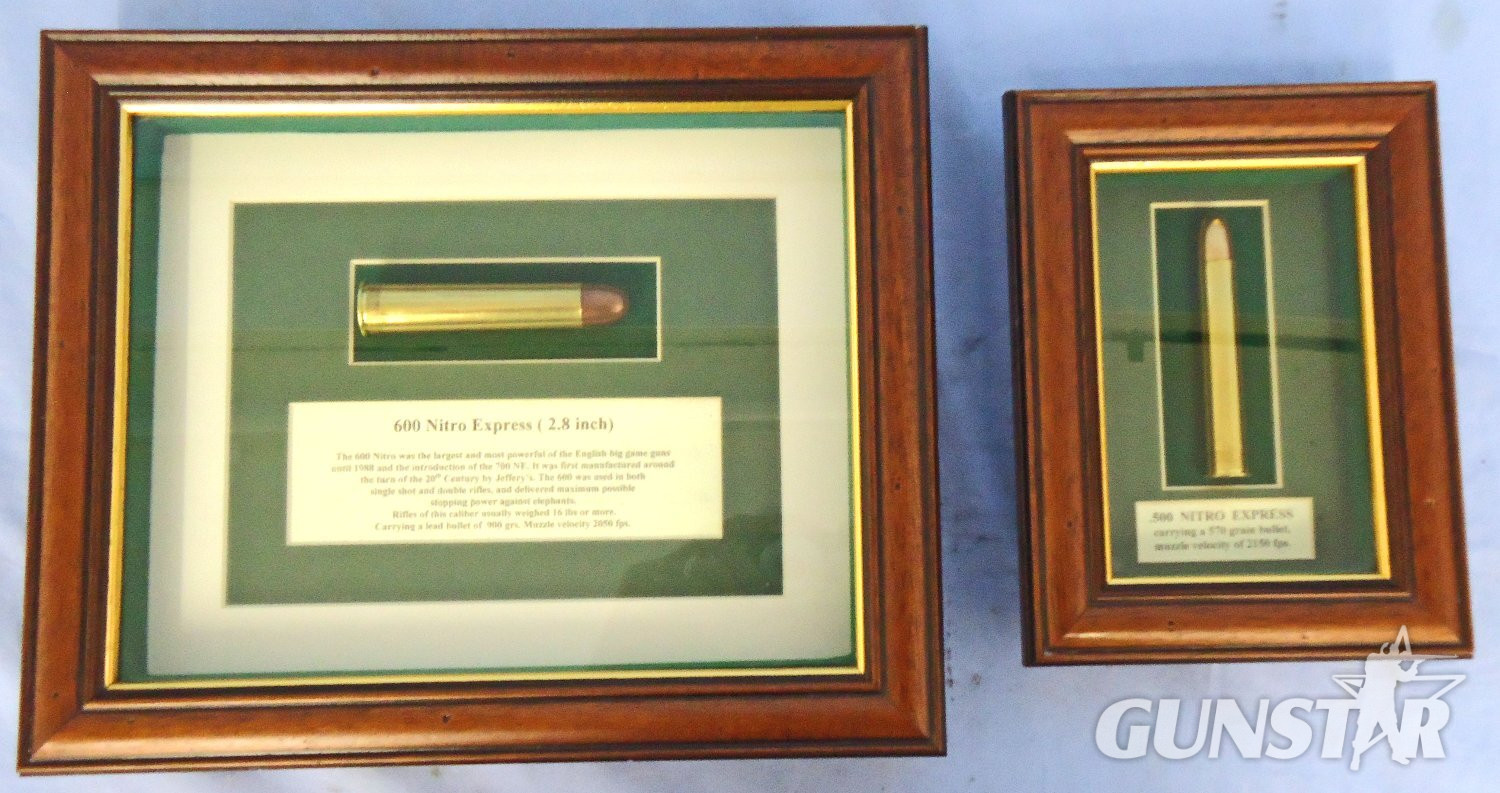 INERT DEACTIVATED. British, Pair of Wooden Framed Big Game Rounds, 500 Nitro Express & 600 Nitro Express. O 2407 INERT DEACTIVATED. British, Pair of Wooden Framed Big Game Rounds, 500 Nitro Express & 600 Nitro Express. O 2407 Various Other Ammunition in 