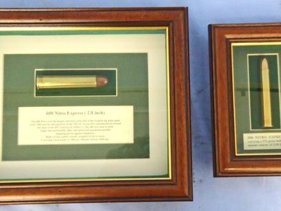 INERT DEACTIVATED. British, Pair of Wooden Framed Big Game Rounds, 500 Nitro Express & 600 Nitro Express. O 2407 INERT DEACTIVATED. British, Pair of Wooden Framed Big Game Rounds, 500 Nitro Express & 600 Nitro Express. O 2407 Various Other Ammunition