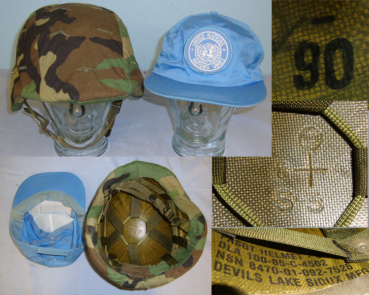 Un-Issued Condition**1980’s –Mid 2000’s US Army & United Nations (UN) Peacekeeping Forces Personnel Armor System for Ground Troops (PASGT) Kevlar Combat Helmet By Devils Lake Sioux Mfg (USA) With Camouflage Cover & UN Issue Baseball Type Blue Cap  Clothing