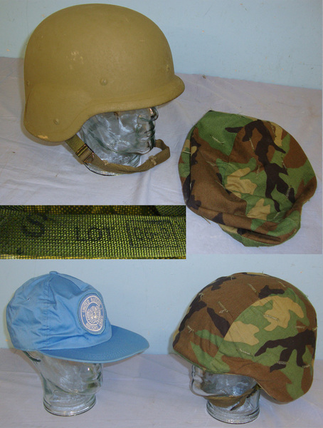  Un-Issued Condition**1980’s –Mid 2000’s US Army & United Nations (UN) Peacekeeping Forces Personnel Armor System for Ground Troops (PASGT) Kevlar Combat Helmet By Devils Lake Sioux Mfg (USA) With Camouflage Cover & UN Issue Baseball Type Blue Cap  Clothing