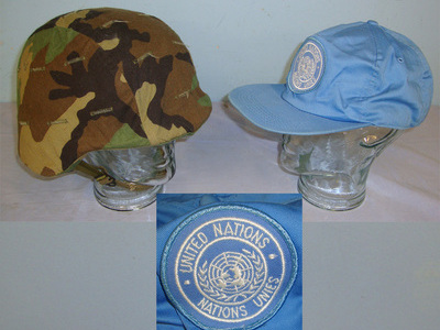Un-Issued Condition**1980’s –Mid 2000’s US Army & United Nations (UN) Peacekeeping Forces Personnel Armor System for Ground Troops (PASGT) Kevlar Combat Helmet By Devils Lake Sioux Mfg (USA) With Camouflage Cover & UN Issue Baseball Type Blue Cap  Clothing