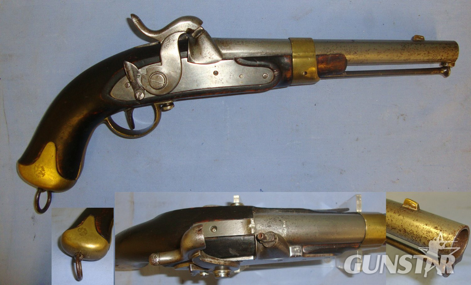 C1830 Large Frame French / Continental Military Officer’s .700 Calibre Muzzle Loading Percussion Pistol With External Safety Catch, Belt Bar, Brass Fittings & Iron Ram Rod. Sn 21393:24 .75 Cal Muzzleloader Muzzleloader in 