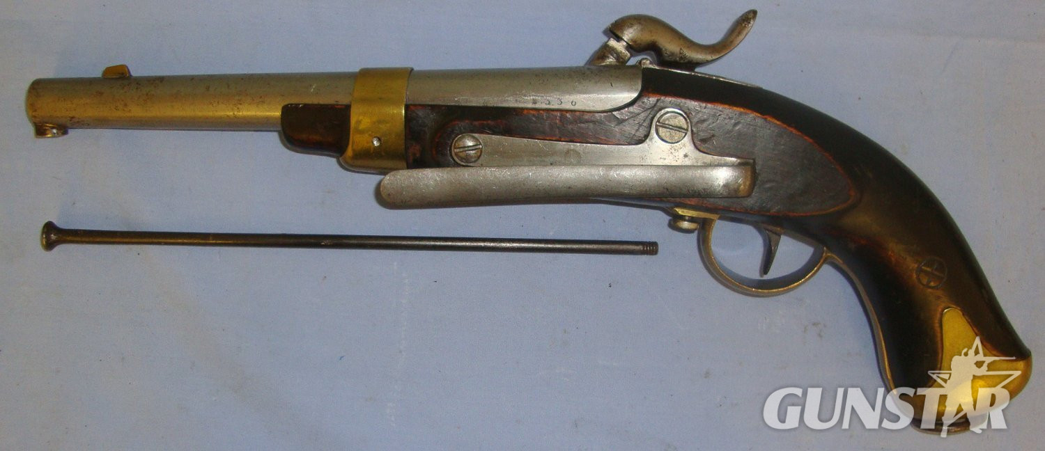  C1830 Large Frame French / Continental Military Officer’s .700 Calibre Muzzle Loading Percussion Pistol With External Safety Catch, Belt Bar, Brass Fittings & Iron Ram Rod. Sn 21393:24 .75 Cal Muzzleloader Muzzleloader