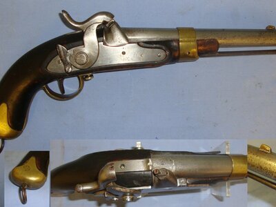 C1830 Large Frame French / Continental Military Officer’s .700 Calibre Muzzle Loading Percussion Pistol With External Safety Catch, Belt Bar, Brass Fittings & Iron Ram Rod. Sn 21393:24 .75 Cal Muzzleloader Muzzleloader