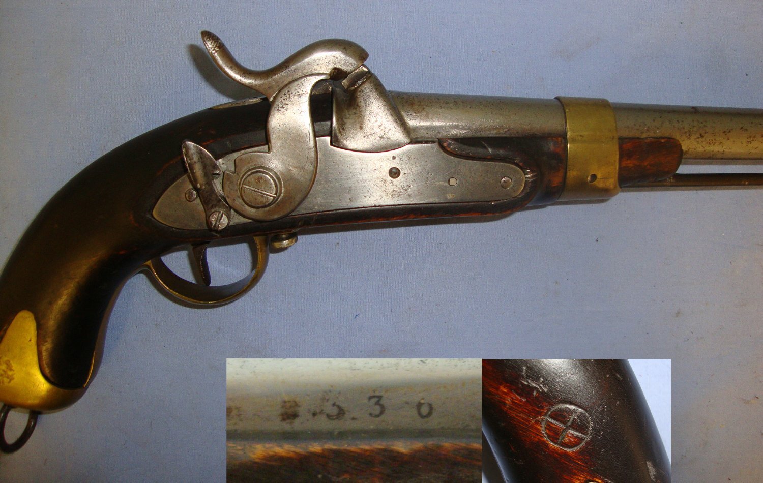 C1830 Large Frame French / Continental Military Officer’s .700 Calibre Muzzle Loading Percussion Pistol With External Safety Catch, Belt Bar, Brass Fittings & Iron Ram Rod. Sn 21393:24 .75 Cal Muzzleloader Muzzleloader