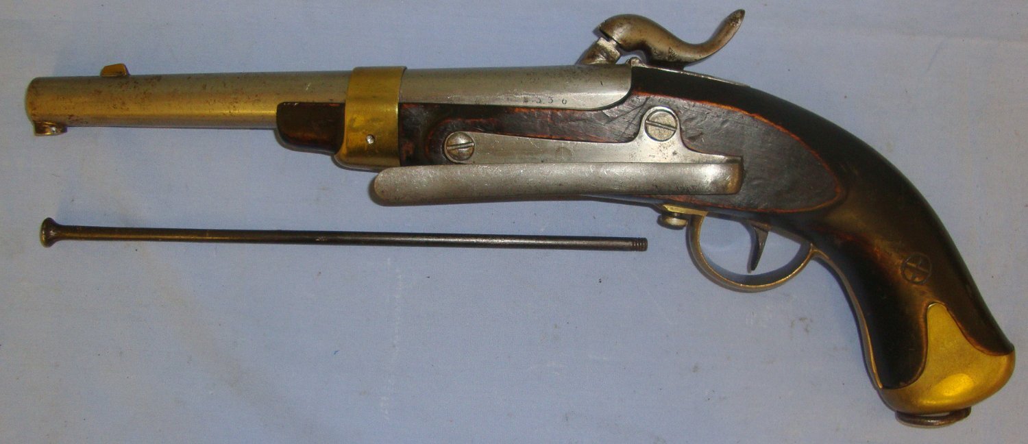  C1830 Large Frame French / Continental Military Officer’s .700 Calibre Muzzle Loading Percussion Pistol With External Safety Catch, Belt Bar, Brass Fittings & Iron Ram Rod. Sn 21393:24 .75 Cal Muzzleloader Muzzleloader