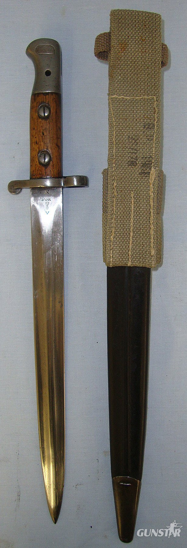  RARE MAKER**British WD 1904 Dated Mole 1903 Pattern Sword Bayonet & Scabbard With Webbing Frog. Sn 23241 Bayonet