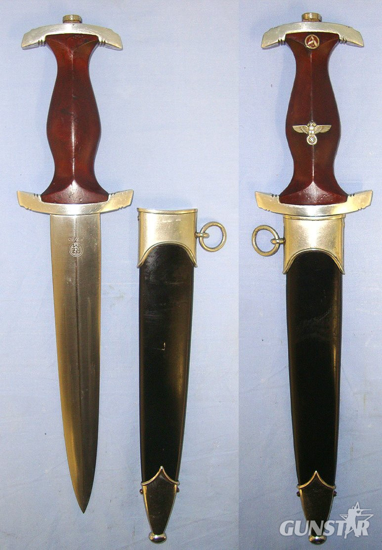  WW2 Production Nazi German 1933 Pattern NSKK Dagger By RZM M7/80 ‘Gustav Spitzer Solingen’ (Rarity Value 6), Motto Etched Blade & Scabbard. Sn 23484:44 Dagger