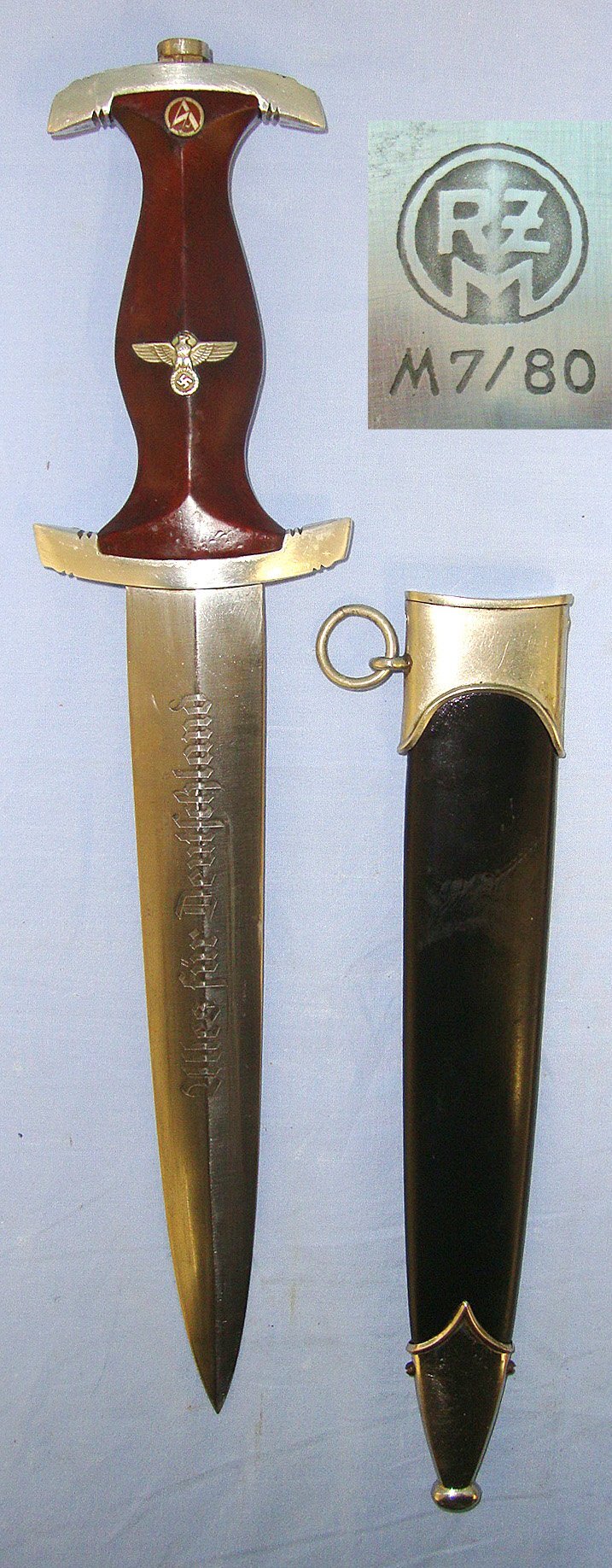 WW2 Production Nazi German 1933 Pattern NSKK Dagger By RZM M7/80 ‘Gustav Spitzer Solingen’ (Rarity Value 6), Motto Etched Blade & Scabbard. Sn 23484:44 Dagger