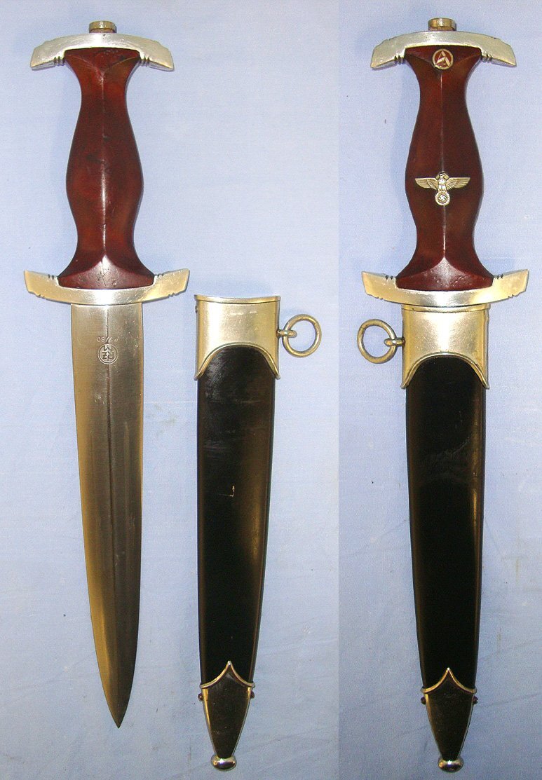  WW2 Production Nazi German 1933 Pattern NSKK Dagger By RZM M7/80 ‘Gustav Spitzer Solingen’ (Rarity Value 6), Motto Etched Blade & Scabbard. Sn 23484:44 Dagger