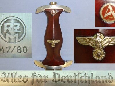 WW2 Production Nazi German 1933 Pattern NSKK Dagger By RZM M7/80 ‘Gustav Spitzer Solingen’ (Rarity Value 6), Motto Etched Blade & Scabbard. Sn 23484:44 Dagger