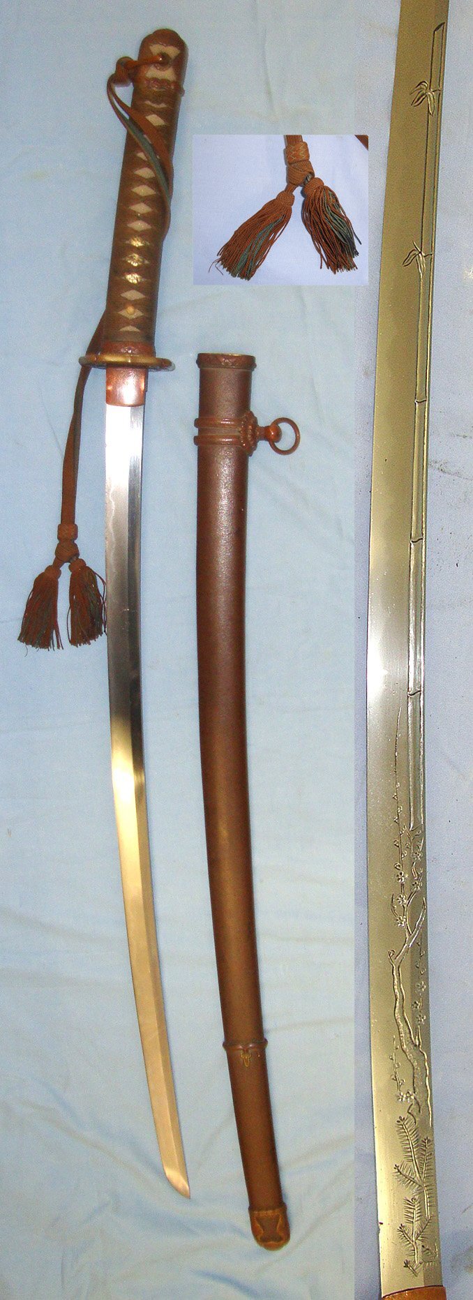  QUALITY HORIMONO CARVED ANTIQUE 1865 DATED BLADE**WW2 Smith Signed Tang ‘Zu Shu Nao Tsugu Saku’ Japanese Army Officer’s Type 98 Gunto Sword, Rank Tassel, Scabbard Bag / Cover & Expert Assessment Sn 23716 Sword