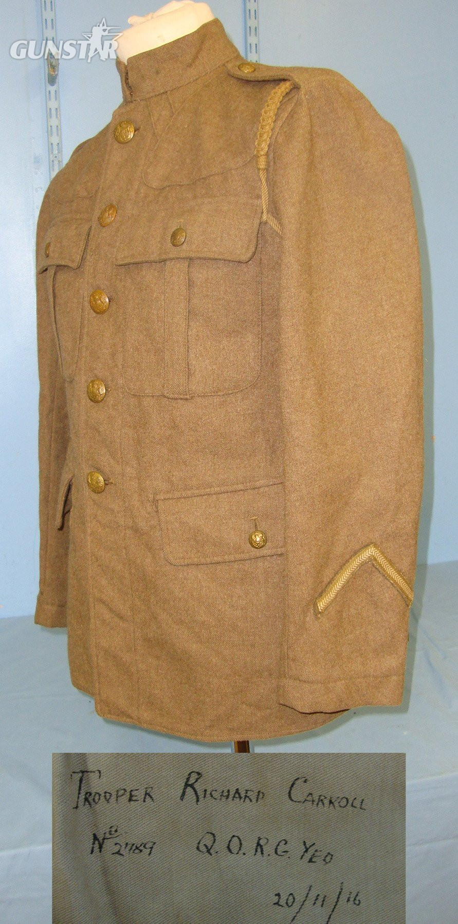 WW1 1916 & 1917 Dated British WD ‘Q.O.R.G Yeo’ (Queen\'s Own Royal Glasgow Yeomanry Regiment) 1915 Pattern Other Ranks Stand Collar Khaki Battledress Tunic By G Ltd To Trooper 2789 R. Carroll With Lanyard. Sn 22553:15  Clothing in 