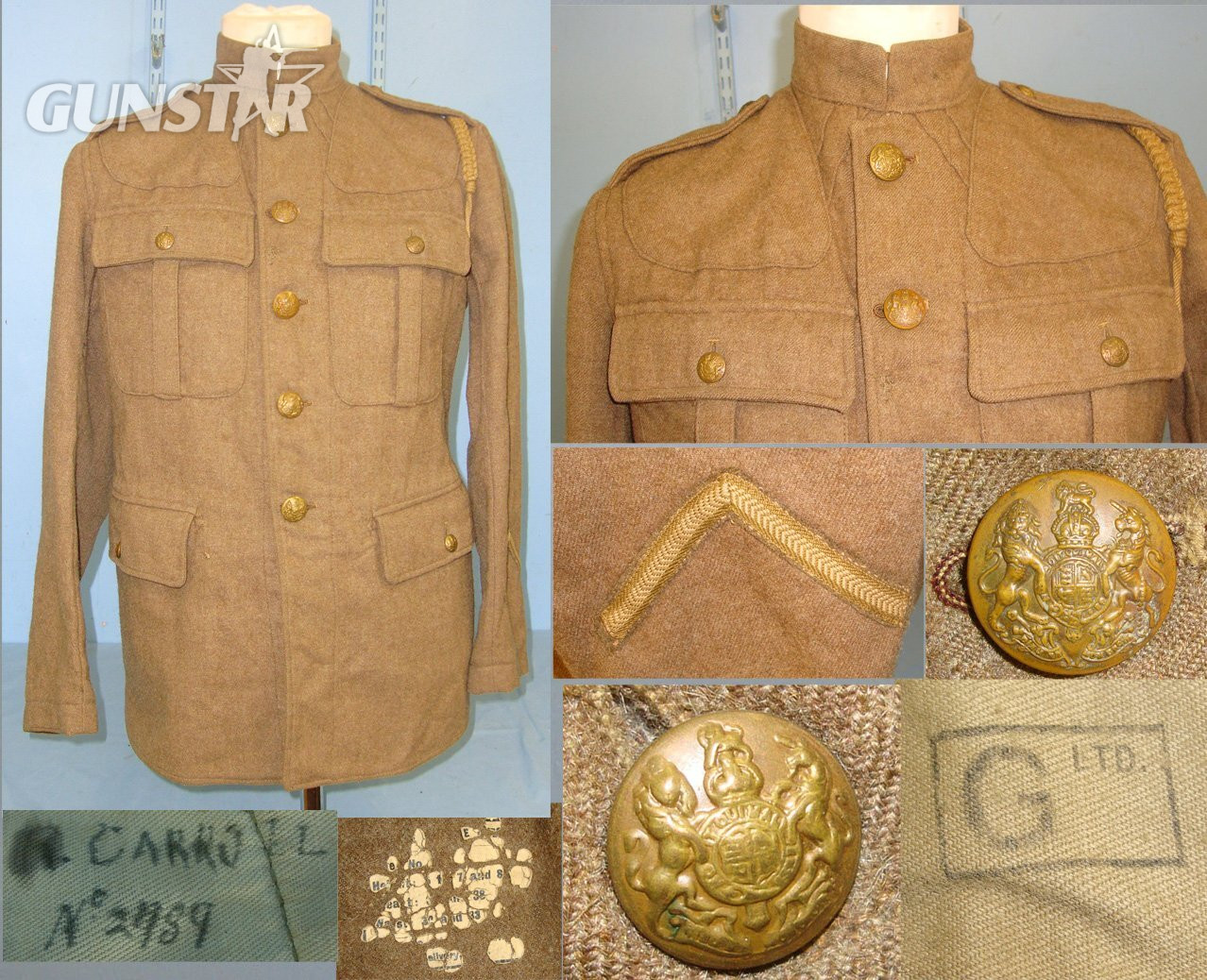 WW1 1916 & 1917 Dated British WD ‘Q.O.R.G Yeo’ (Queen\'s Own Royal Glasgow Yeomanry Regiment) 1915 Pattern Other Ranks Stand Collar Khaki Battledress Tunic By G Ltd To Trooper 2789 R. Carroll With Lanyard. Sn 22553:15  Clothing