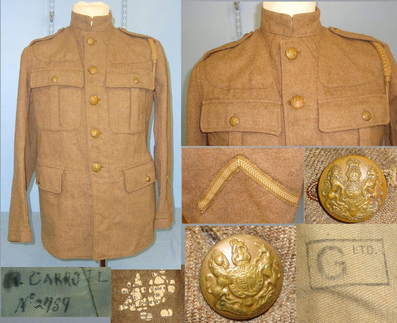 WW1 1916 & 1917 Dated British WD ‘Q.O.R.G Yeo’ (Queen\'s Own Royal Glasgow Yeomanry Regiment) 1915 Pattern Other Ranks Stand Collar Khaki Battledress Tunic By G Ltd To Trooper 2789 R. Carroll With Lanyard. Sn 22553:15  Clothing