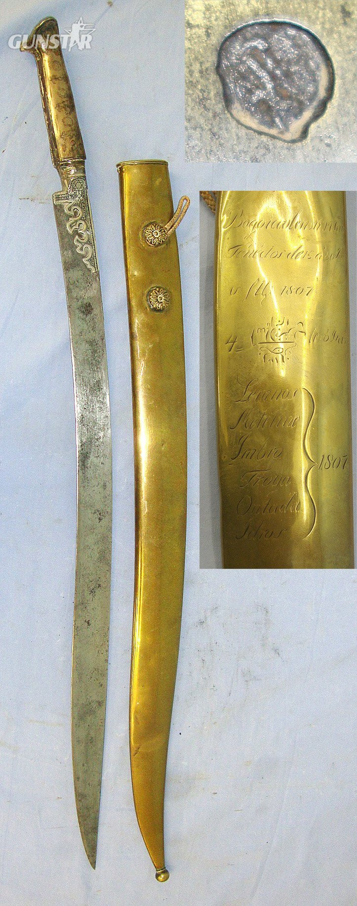 RARE**NAPOLEONIC WARS ERA**CAPTURED** Anglo-Turkish War 1807 - 1809 Ottoman Infantry Varsak / Kulakli (Eared) Hilt, Yataghan Blade Sword With Original Brass Scabbard Period Presentation Engraved With Dardanelles Campaign 1807 Battle Honours. Sn 23560 Sword in 