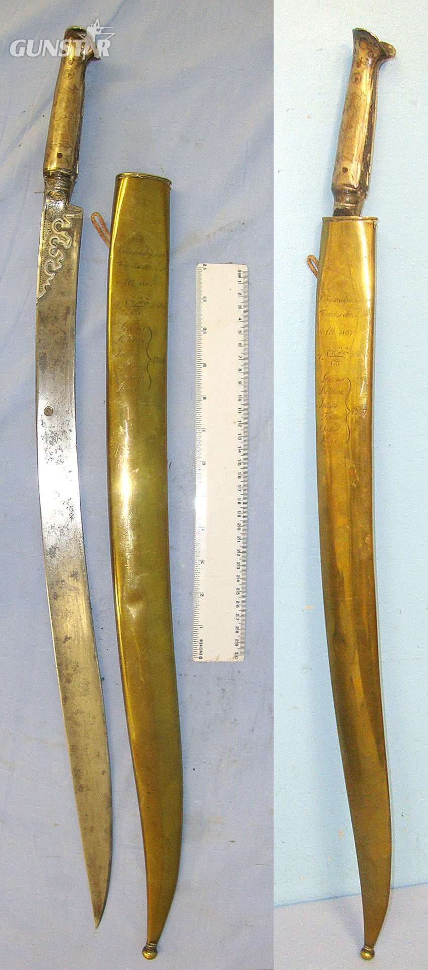  RARE**NAPOLEONIC WARS ERA**CAPTURED** Anglo-Turkish War 1807 - 1809 Ottoman Infantry Varsak / Kulakli (Eared) Hilt, Yataghan Blade Sword With Original Brass Scabbard Period Presentation Engraved With Dardanelles Campaign 1807 Battle Honours. Sn 23560 Sword