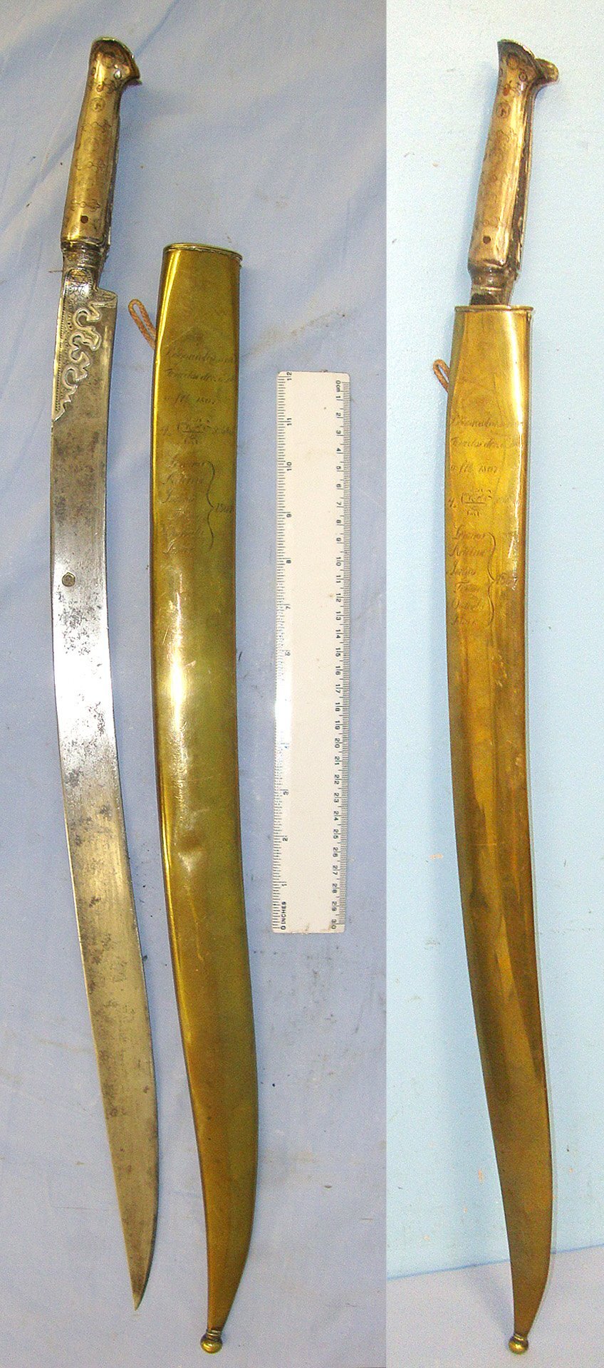  RARE**NAPOLEONIC WARS ERA**CAPTURED** Anglo-Turkish War 1807 - 1809 Ottoman Infantry Varsak / Kulakli (Eared) Hilt, Yataghan Blade Sword With Original Brass Scabbard Period Presentation Engraved With Dardanelles Campaign 1807 Battle Honours. Sn 23560 Sword