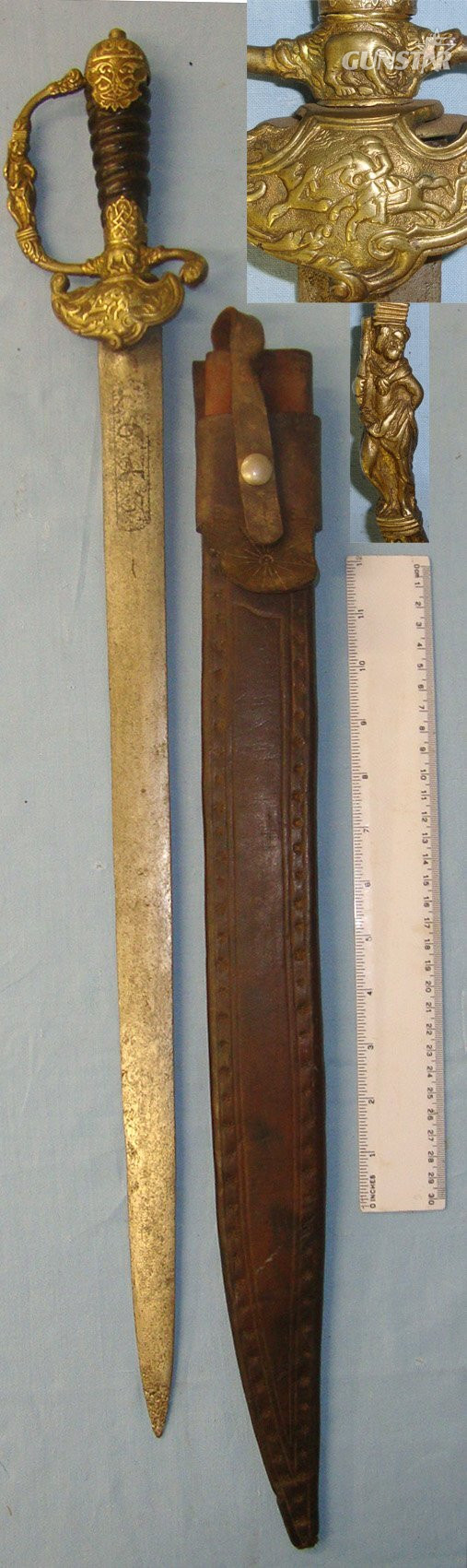 LARGE**18th Century Imperial German Boar Hunting Dagger / Sidearm With Hunting Scenes Brass Clamshell Hilt, Full Knuckle Guard, Twisted Horn Grip Blade Etched & Blued Numbers & Letters Panels Both Sides & Scabbard. Sn 22224 Hunting Knive in 