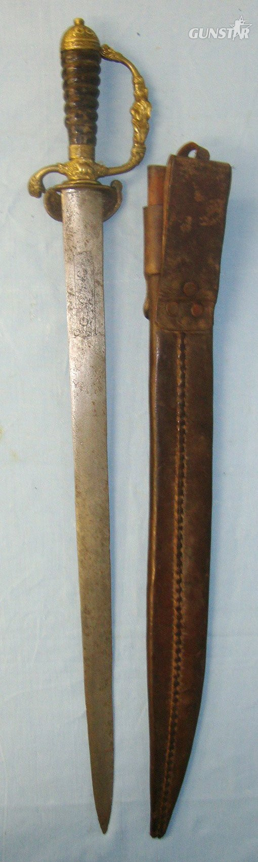  LARGE**18th Century Imperial German Boar Hunting Dagger / Sidearm With Hunting Scenes Brass Clamshell Hilt, Full Knuckle Guard, Twisted Horn Grip Blade Etched & Blued Numbers & Letters Panels Both Sides & Scabbard. Sn 22224 Hunting Knive