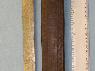 LARGE**18th Century Imperial German Boar Hunting Dagger / Sidearm With Hunting Scenes Brass Clamshell Hilt, Full Knuckle Guard, Twisted Horn Grip Blade Etched & Blued Numbers & Letters Panels Both Sides & Scabbard. Sn 22224 Hunting Knive