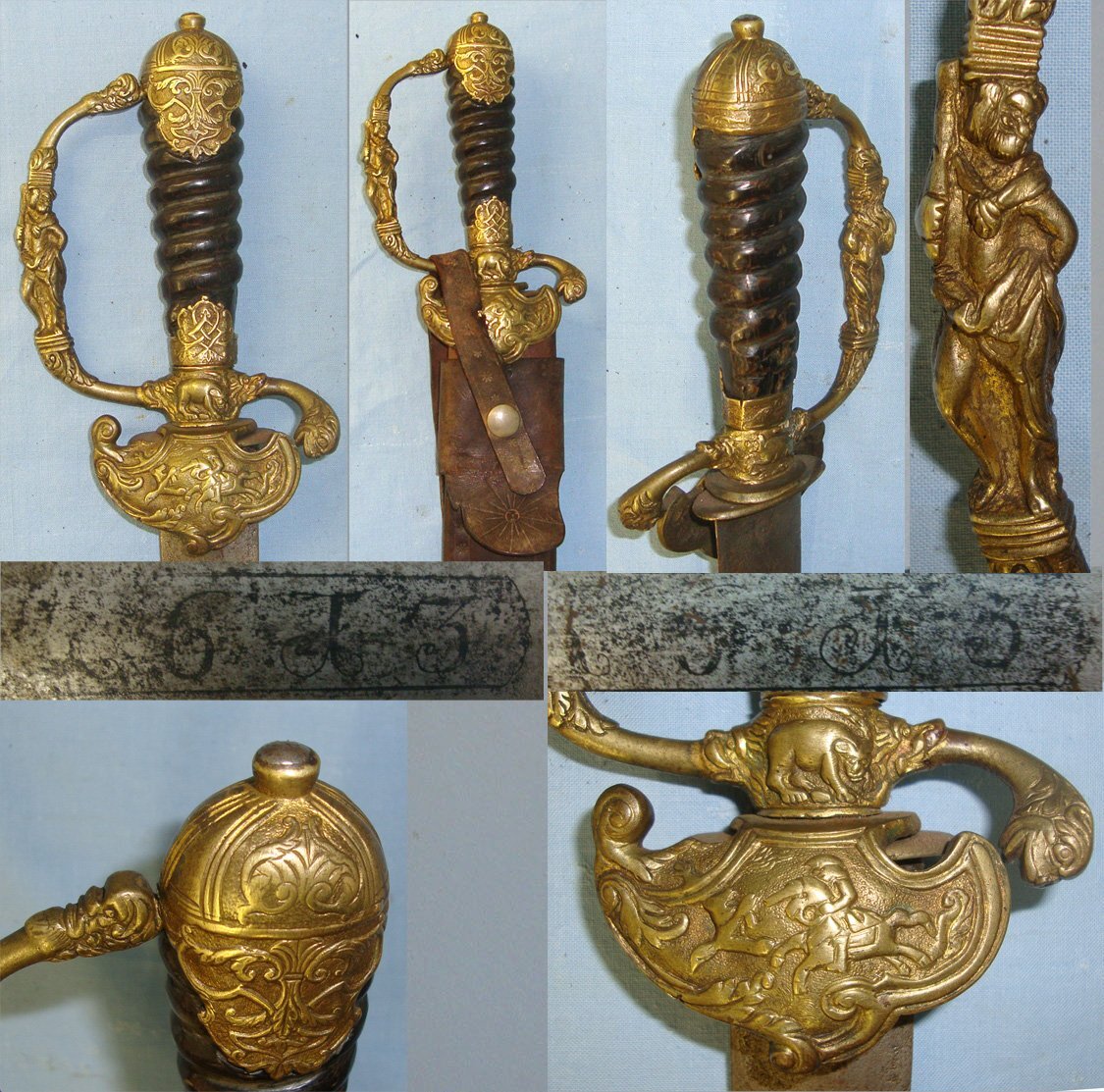 LARGE**18th Century Imperial German Boar Hunting Dagger / Sidearm With Hunting Scenes Brass Clamshell Hilt, Full Knuckle Guard, Twisted Horn Grip Blade Etched & Blued Numbers & Letters Panels Both Sides & Scabbard. Sn 22224 Hunting Knive
