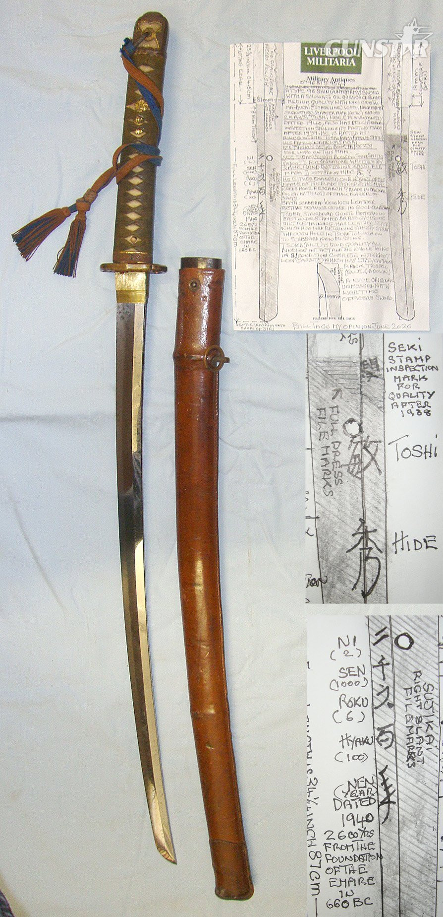 Early WW2 1940 Dated Japanese Officer's Type 98 Shin Gunto Seki Arsenal Katana Sword With Master Pupil Work Smith Signed Tang ‘TOSHI HIDE’ Officer’s Rank Tassel Cord, Scabbard With Leather Field Service Cover & Expert Assessment. Sn 23486 Sword in 