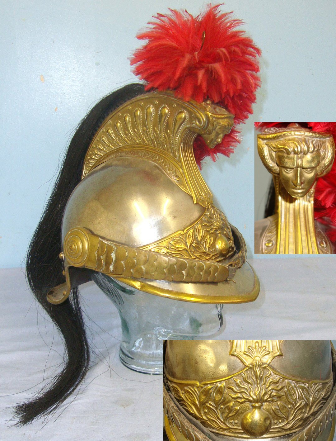 WW1 Era French Model 1882 Cuirassier Cavalry Regiment Helmet By G. Helbronner With Ostrich Feather Plume & Horse Hair Mane. Sn 9970  Clothing