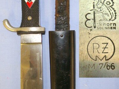 Early WW2 1940 Dated Nazi German Hitler Youth 'HJ' Dagger RZM M7/66 & Eickhorn Solingen Manufacturer Marked & Scabbard With Integral Frog. Sn 23484:45 Dagger