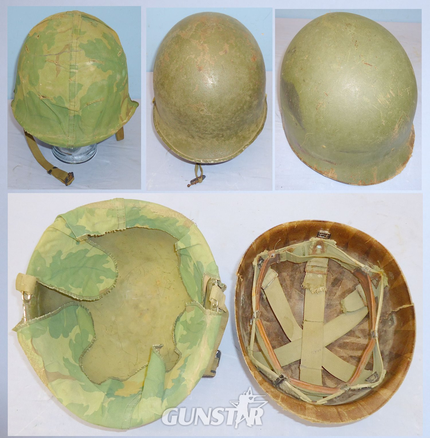 WWII Dated U.S. M1 Helmet Shell with Vietnam Period 64 Pattern Liner & Double Side Marine Corps Camouflage Cover. 2211. WWII Dated U.S. M1 Helmet Shell with Vietnam Period 64 Pattern Liner & Double Side Marine Corps Camouflage Cover. 2211.  Clothing in 